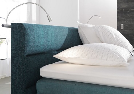 Optisleep boxspring,hoofdbord 6000,De Ploeg,stof petrol,bedlamp,ledlamp